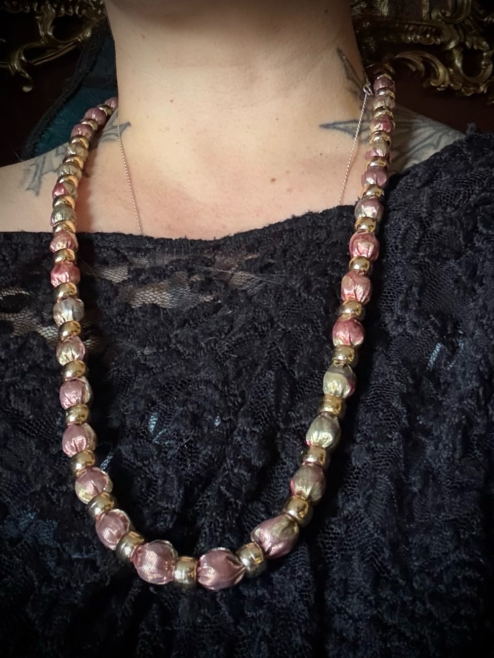 Vintage Gold Bead and Fabric Necklace handmade